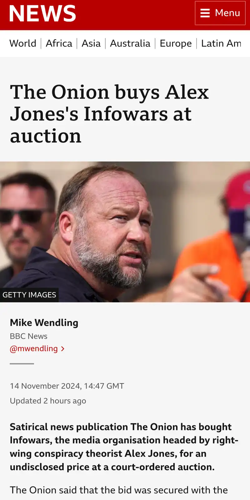 A screenshot of a fake news article from BBC News with a headline reading 'The Onion buys Alex Jones's Infowars at auction'…