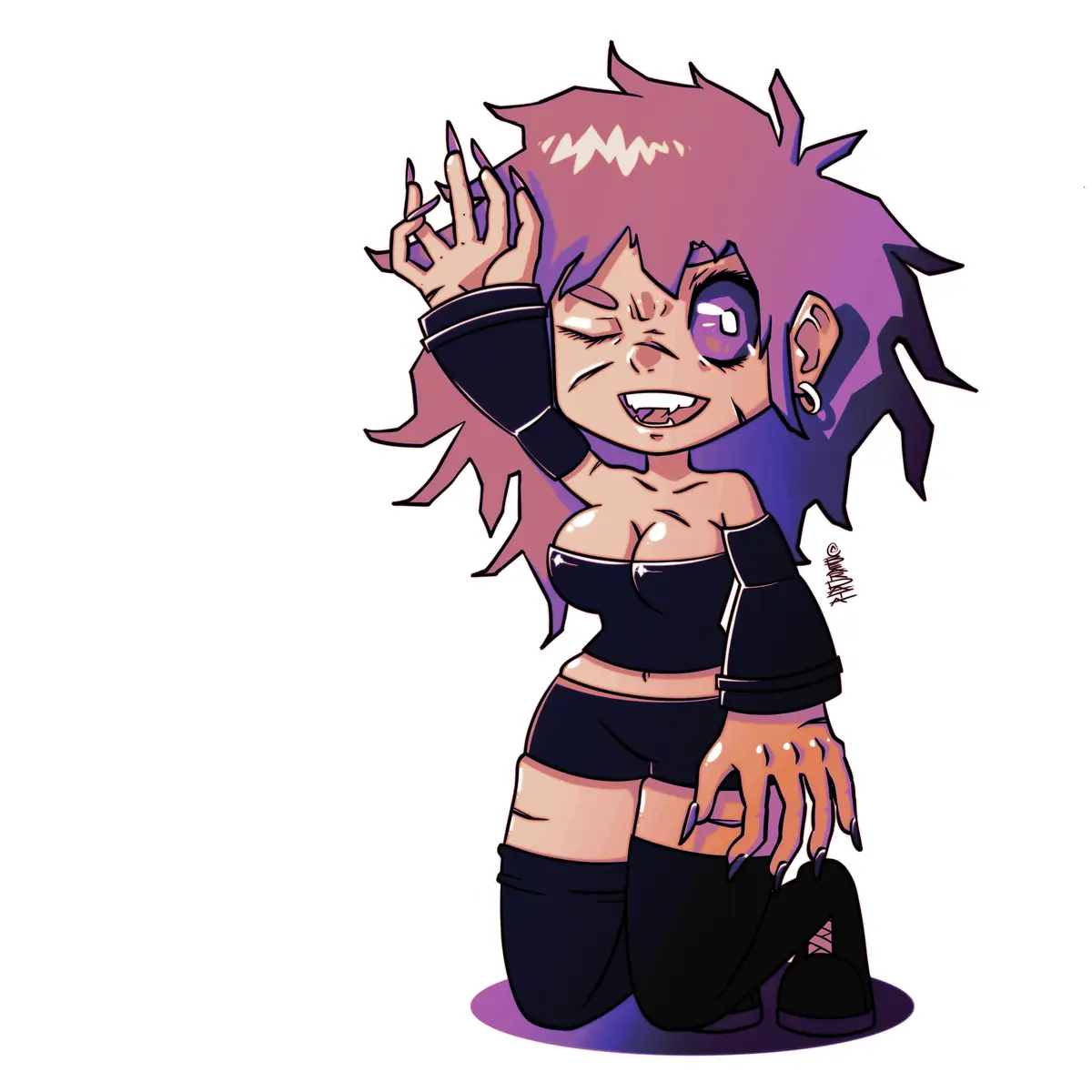 An anime-style chibi character with spiky purple hair, fangs, and long nails kneels while clutching her head in a dramatic…