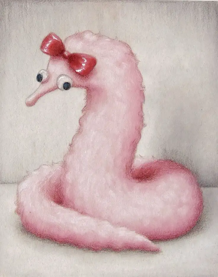 A soft, fluffy pink seahorse with large, googly eyes and a shiny red bow on its head, sitting curled up against a plain…