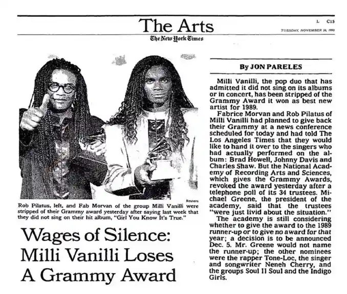 A black-and-white newspaper clipping from The New York Times dated November 28, 1990, featuring a photo of Milli Vanilli duo…