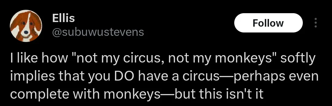 A screenshot of a Twitter post by user Ellis (@subuwustevens) with a dog headshot profile picture. The post's text reads: "I…