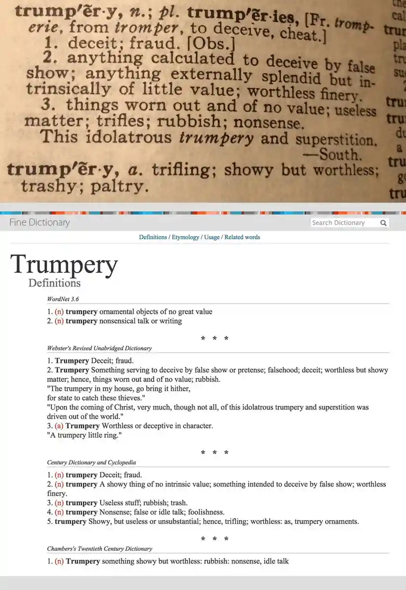 The image displays a screenshot of a dictionary page showing multiple definitions for the word 'trumpery,' including…