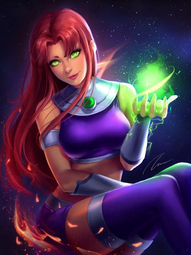 A female superhero with long red hair and glowing green eyes sits against a starry background, wearing a purple and silver…