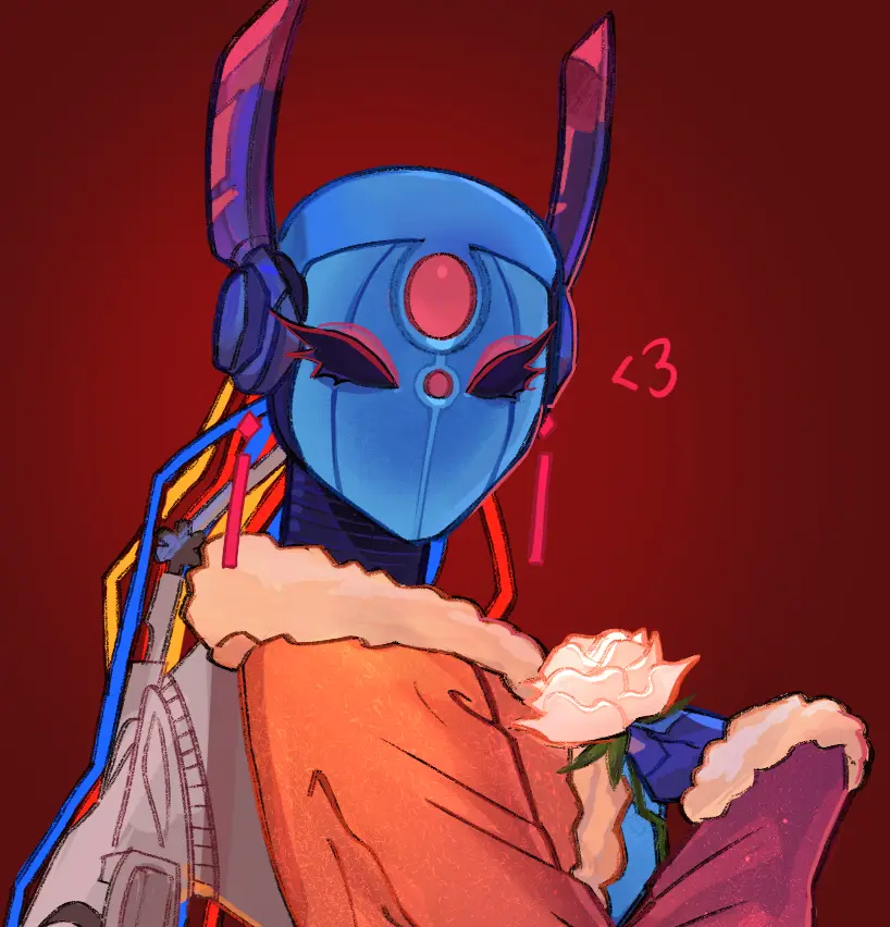 A stylized blue masked character with large headphones and antennae holds a white rose against a red background, with a pink…