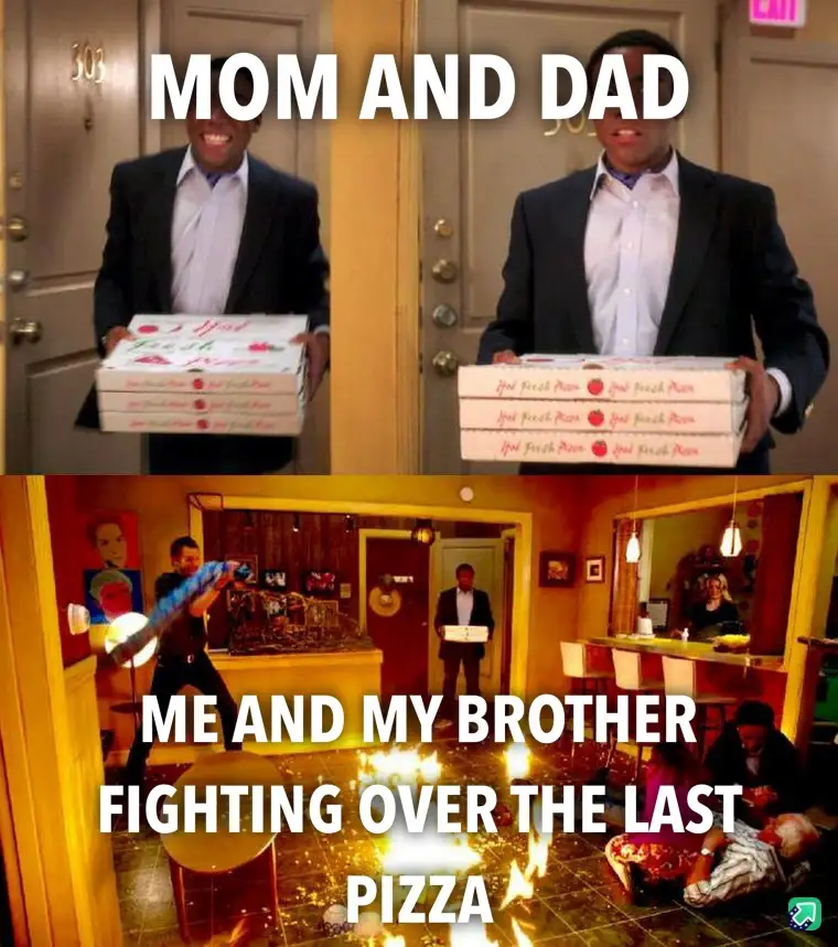 The top panel shows a man in a suit holding multiple pizza boxes, labeled 'MOM AND DAD'. The bottom panel shows a chaotic…