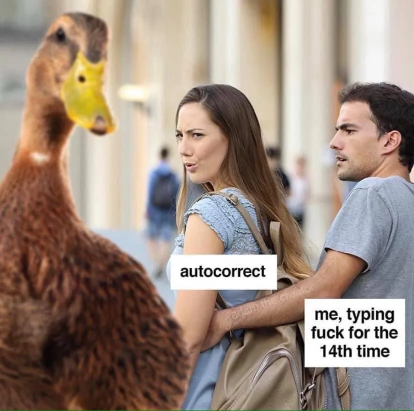 A woman and man stand side by side, looking annoyed at a duck that has appeared suddenly. The woman has a text box over her…