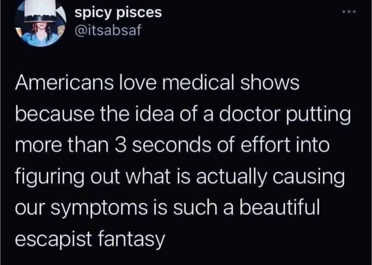 A screenshot of a tweet from 'spicy pisces' (@itsabsaf) with white text on a black background. The text reads: 'Americans…
