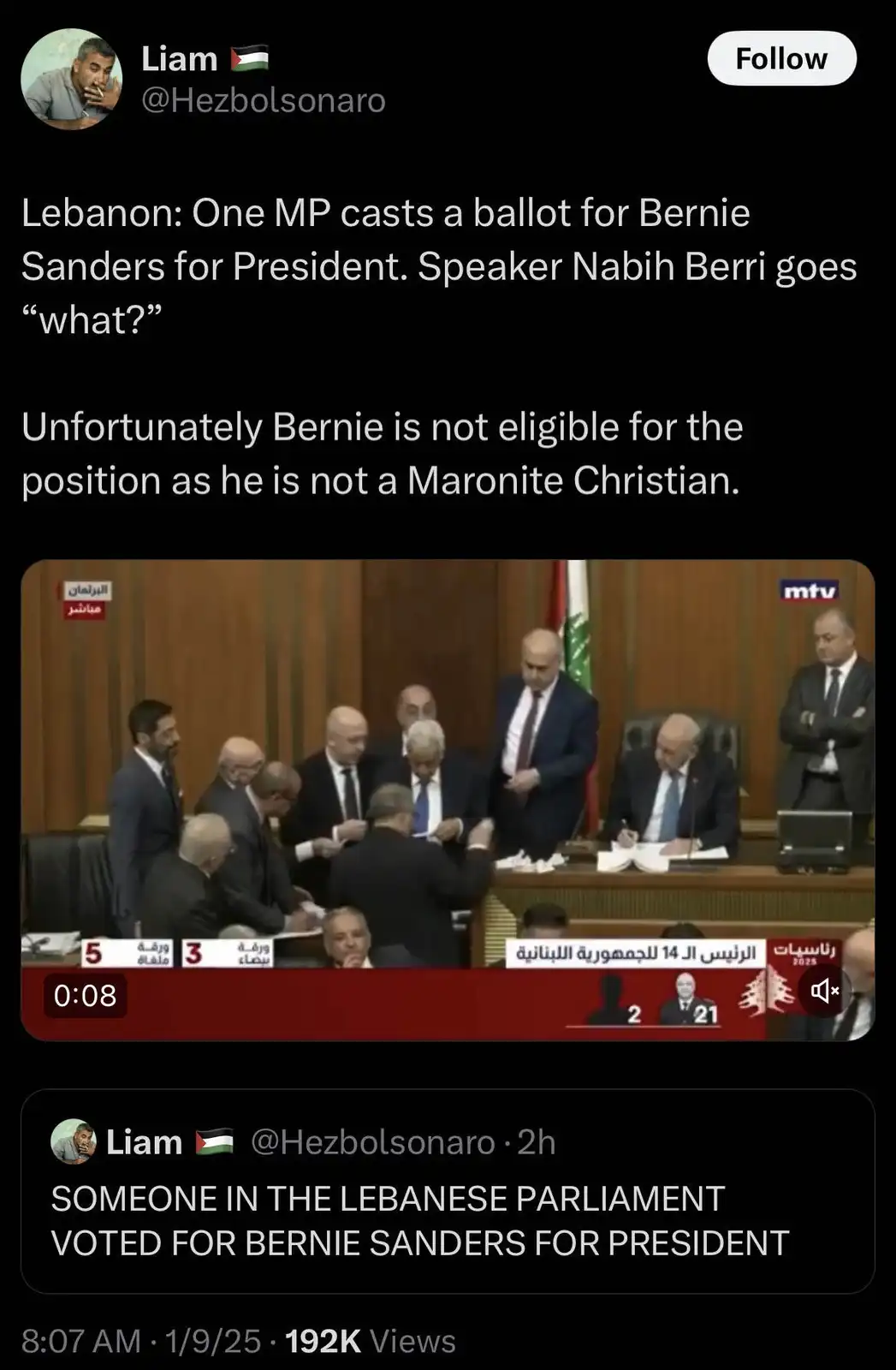 A screenshot of a Lebanese parliamentary session shows several men in suits gathered around a table, with one man seated at…
