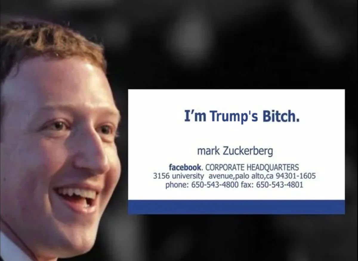 A close-up photo of Mark Zuckerberg smiling, with a business card graphic overlaid on the right side. The card reads 'I'm…