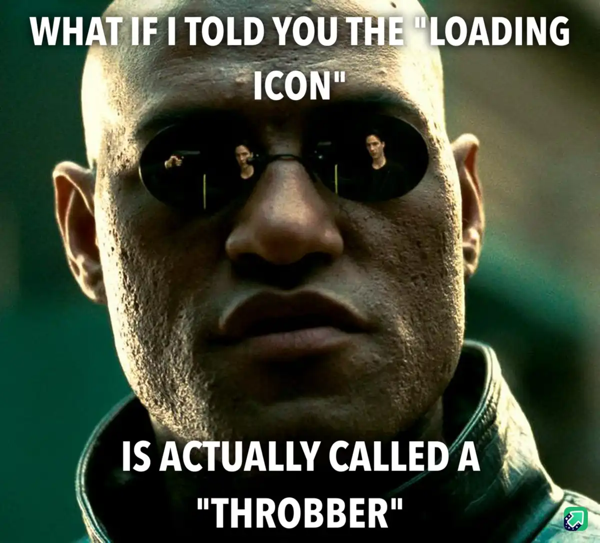A close-up image of the character Morpheus from The Matrix, wearing his signature dark sunglasses. The reflection in his…