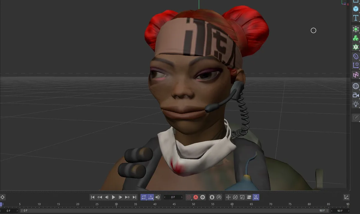 A 3D model of a character with red pigtails, a headband, and a headset is shown inside a 3D modeling software interface…