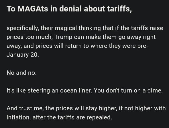 A black background with white text that reads: 'To MAGAts in denial about tariffs, specifically, their magical thinking that…