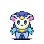 The image displays five identical pixel-art sprites of a cartoonish blue creature with pink ears and a yellow face, arranged…