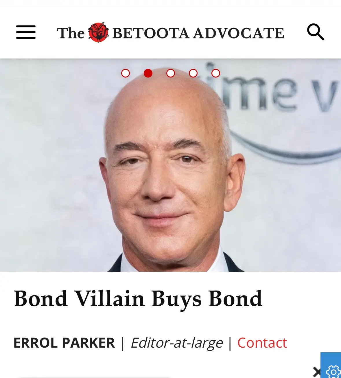 A screenshot of a fake news article from 'The BETOOTA ADVOCATE' featuring a photo of Jeff Bezos with five red dots above his…
