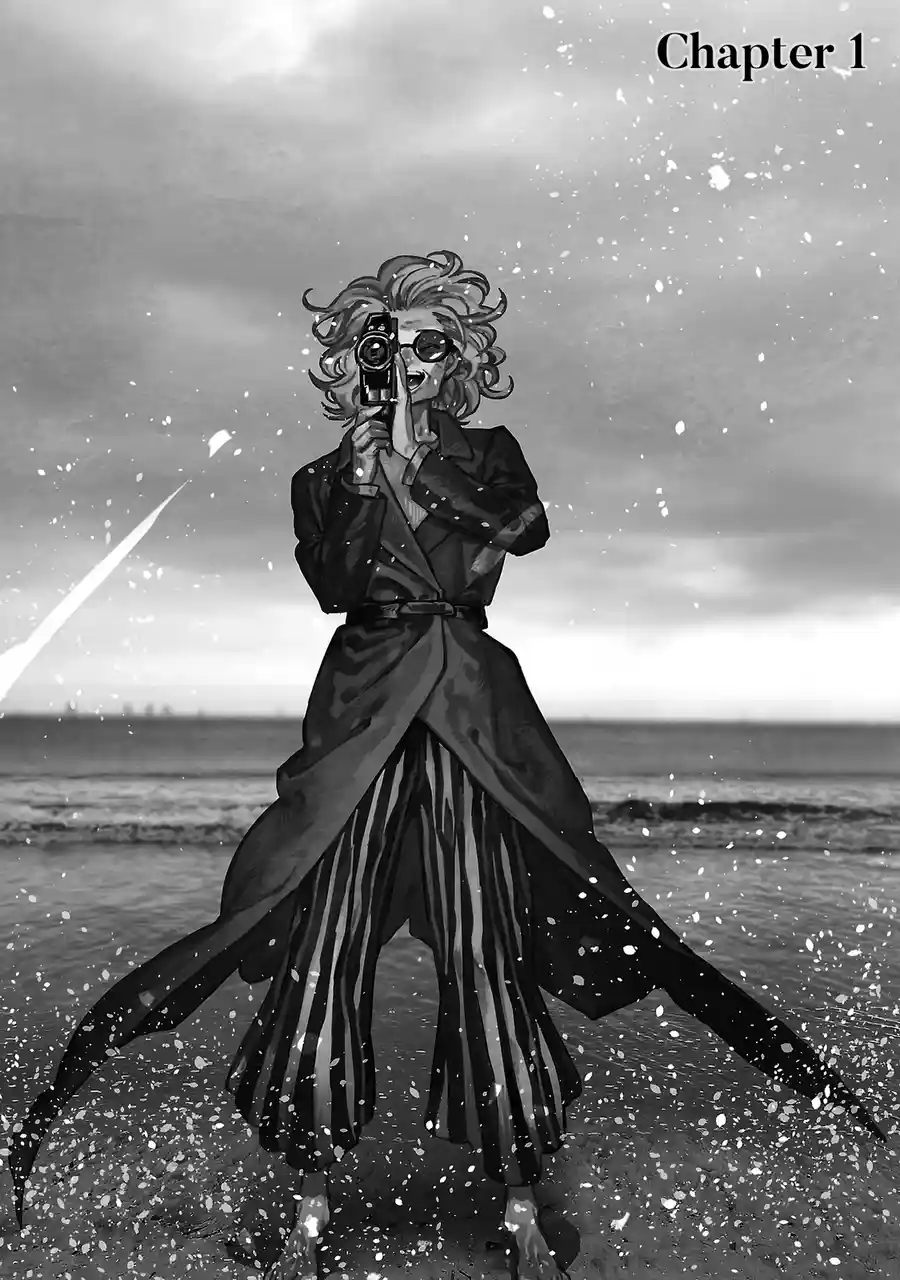 A black-and-white manga-style illustration shows a woman with curly hair, wearing sunglasses and a long coat, standing…