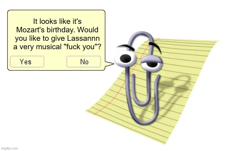 A cartoon paperclip with googly eyes and a smug expression sits on a yellow legal pad. A dialogue box appears next to it…
