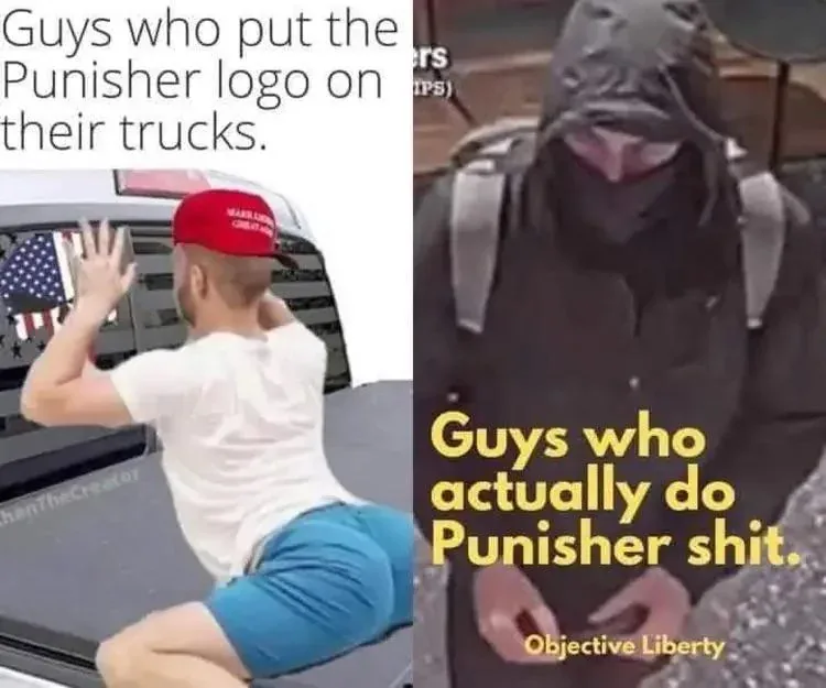 The image is a split-screen meme. Left side: A man in a red 'Make America Great Again' cap and white t-shirt is sitting on…