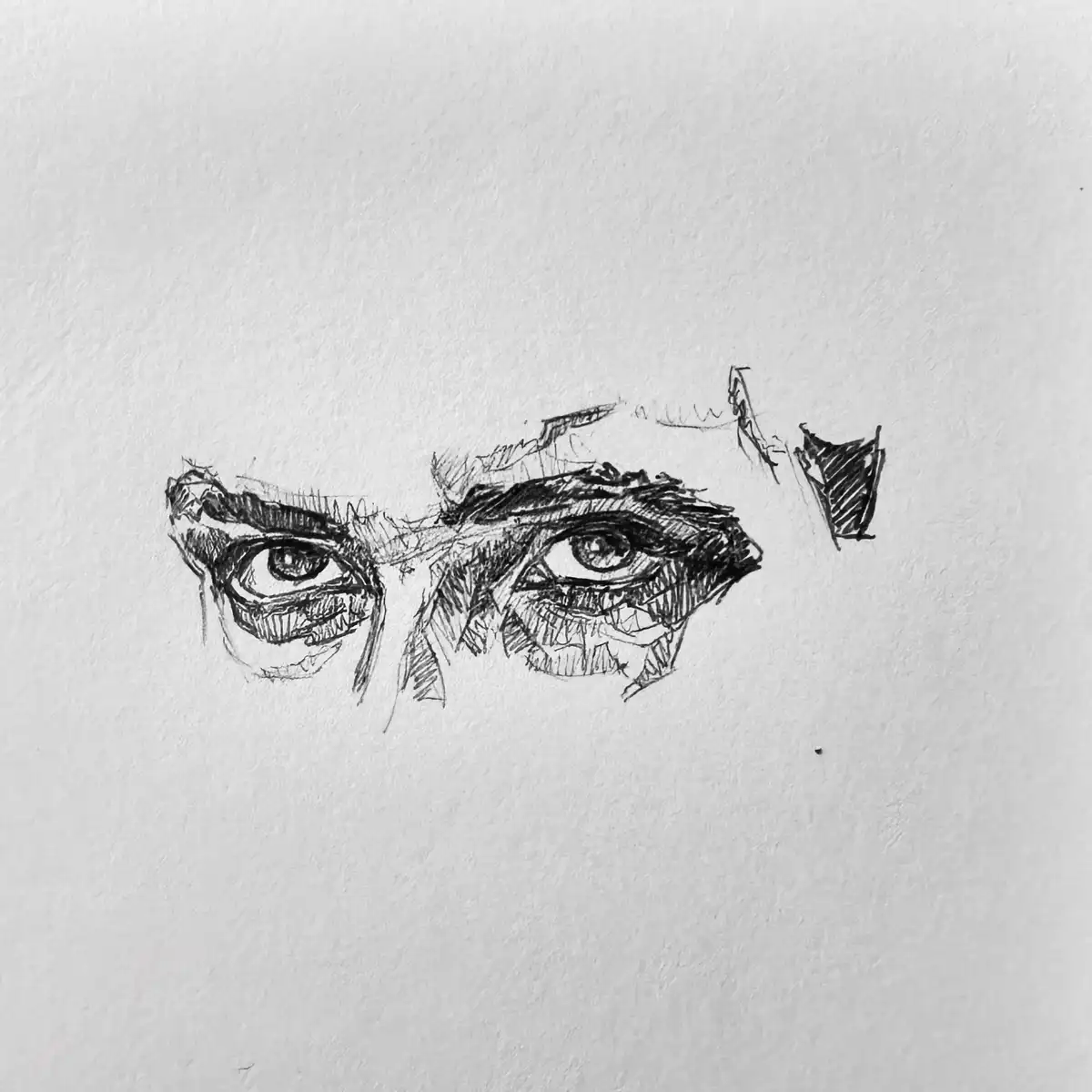A black-and-white sketch shows a pair of intense, detailed human eyes staring forward, with the rest of the face obscured by…