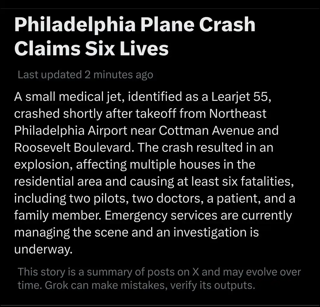 A screenshot of a fake news article with a black background and white text, titled 'Philadelphia Plane Crash Claims Six…
