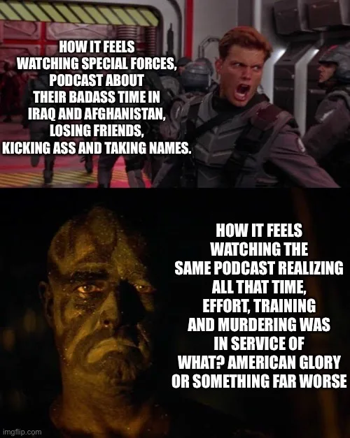 The image is split into two panels. The top panel shows a man in military gear yelling with an intense expression, overlaid…
