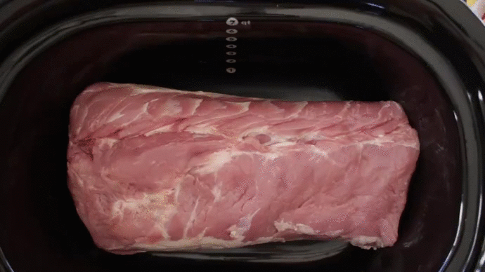 A six-panel cooking tutorial collage shows a raw pork roast in a slow cooker, a hand pouring honey into a bowl labeled '1/2…