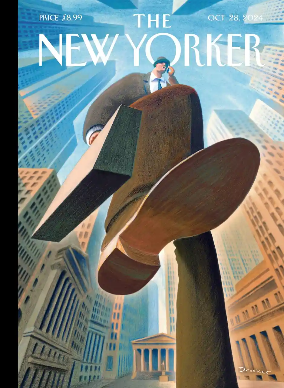 An illustration of a man in a suit and hat, viewed from below, standing atop a giant, oversized shoe that dominates the…