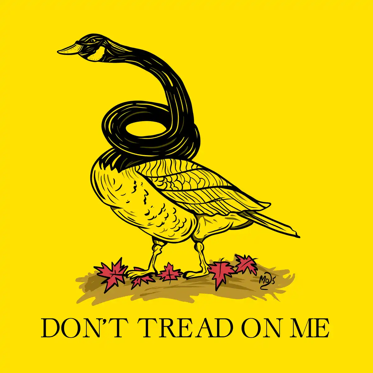 A stylized illustration of a goose with its neck coiled into a snake-like shape, standing on a patch of ground with red…