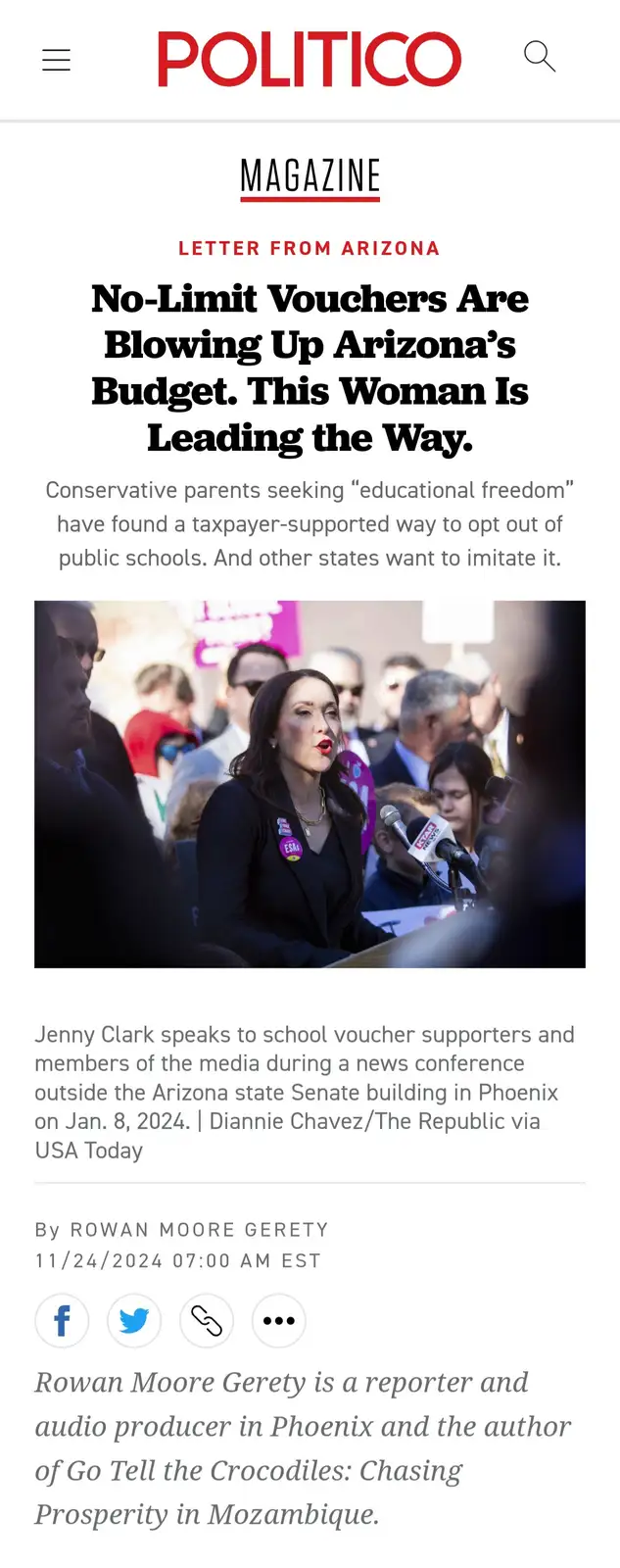 A screenshot of a Politico Magazine article shows a woman speaking at a press conference, surrounded by microphones and…