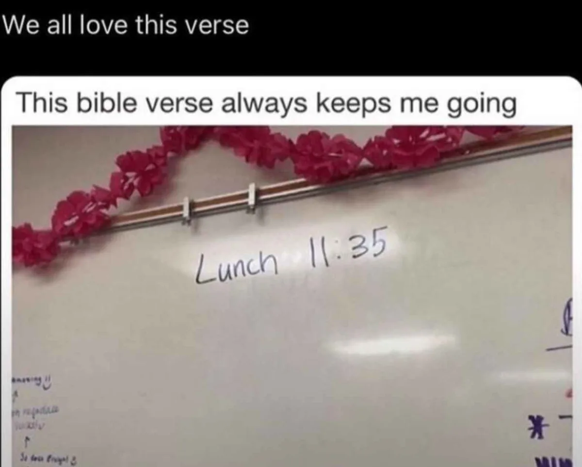 A whiteboard with handwritten text reading 'Lunch 11:35' is shown, with a decorative red floral garland hanging above it…