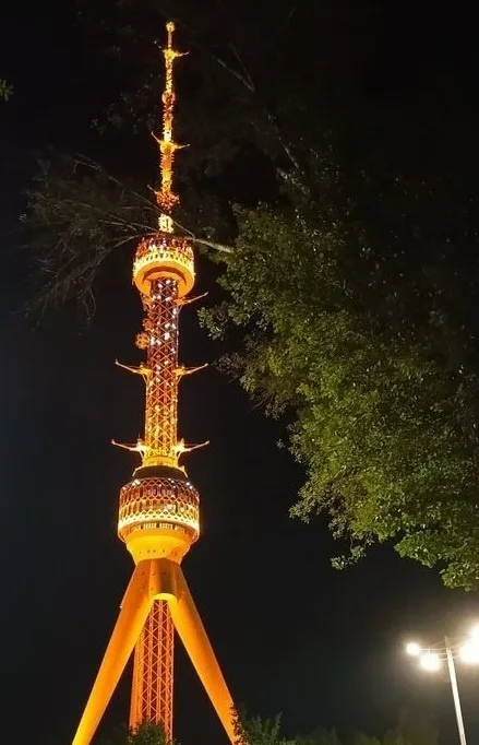 A brightly lit, ornate, yellow-orange communications tower at night, partially obscured by the dark silhouette of a large…