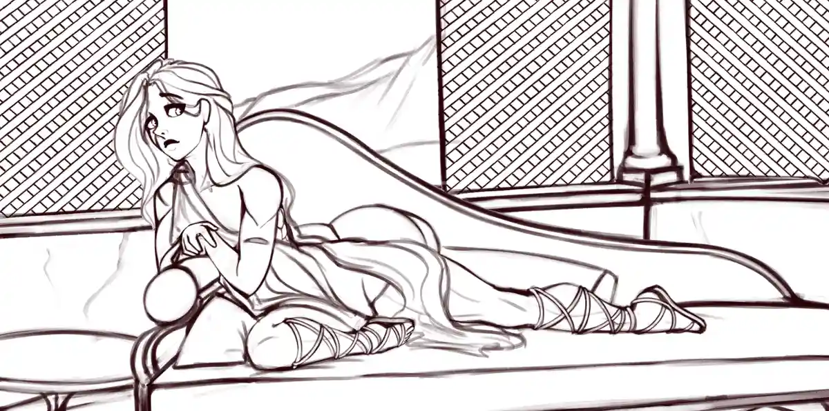 A black-and-white line drawing shows a woman with long hair lounging on a chaise lounge, wearing a draped garment and…