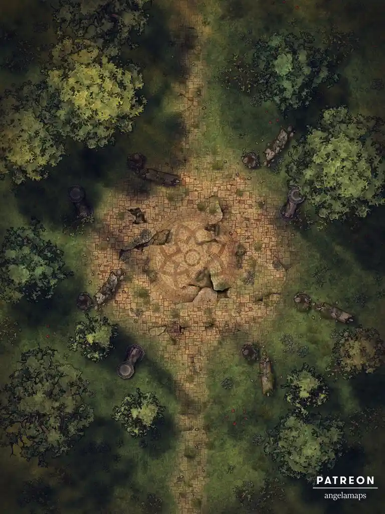 An overhead view of a fantasy map showing a circular stone mosaic path surrounded by trees and ruins, with the text 'patreon…