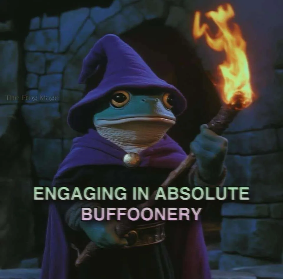 A blue frog wearing a purple wizard's hat and cloak holds a flaming torch in a stone dungeon. The text overlaid on the image…