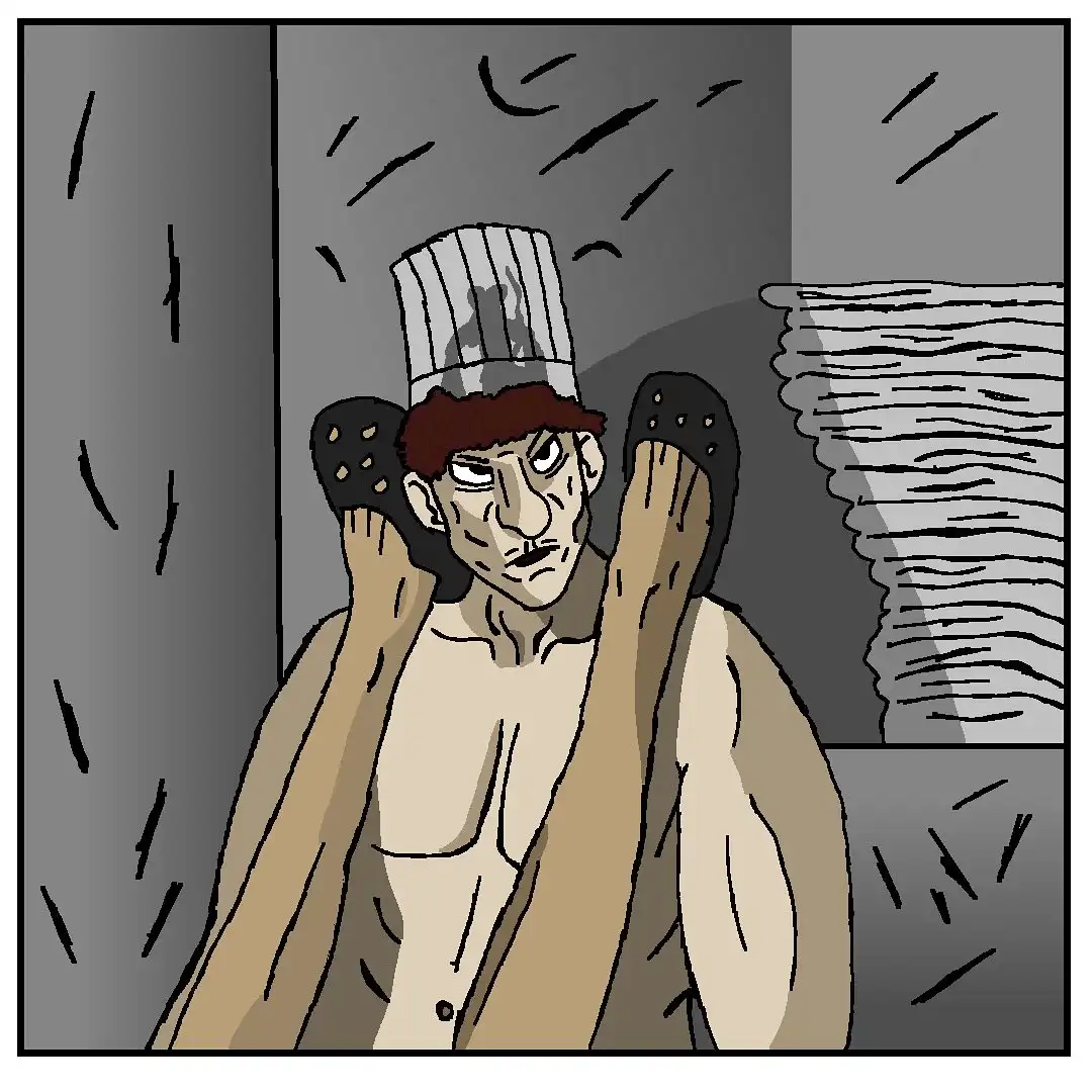 A cartoon chef with a stern expression, wearing a tall striped hat and a towel draped over his shoulders, holds up two…