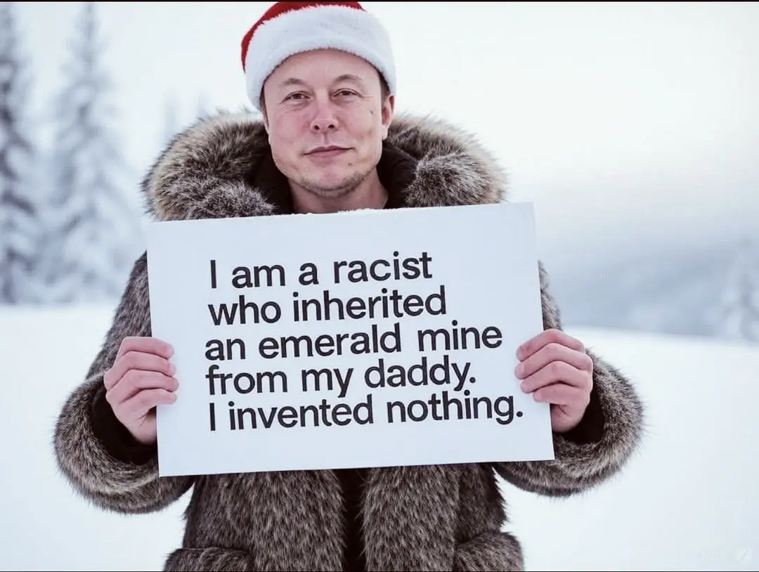 A man wearing a Santa hat and a fur-lined coat stands in a snowy landscape holding a white sign. The sign reads: 'I am a…