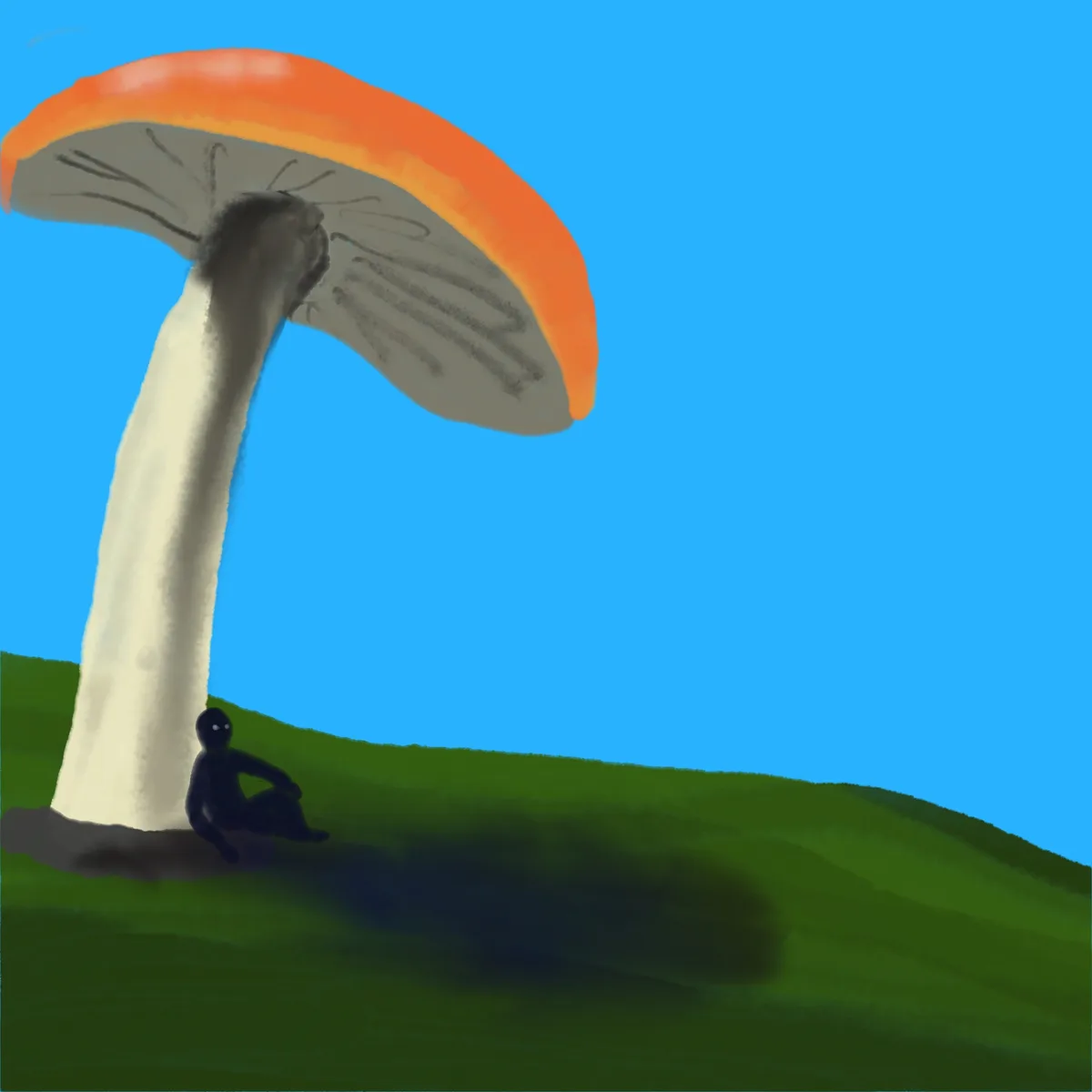 A small black stick figure sits on green grass beneath a giant orange-and-white mushroom with a blue sky background. The…
