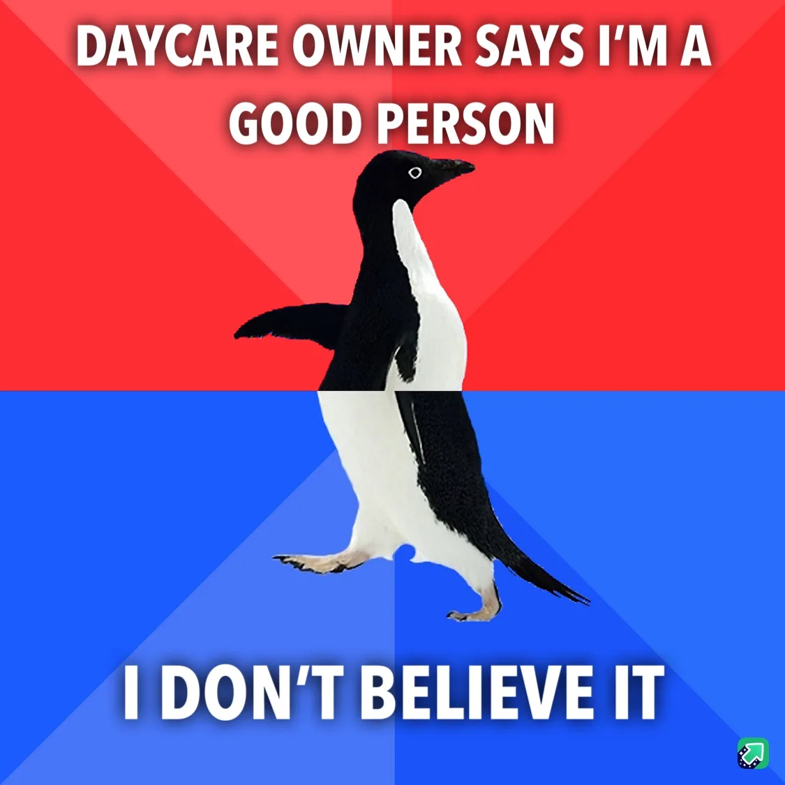 A penguin stands centered against a red and blue background, split diagonally. White text at the top reads 'DAYCARE OWNER…