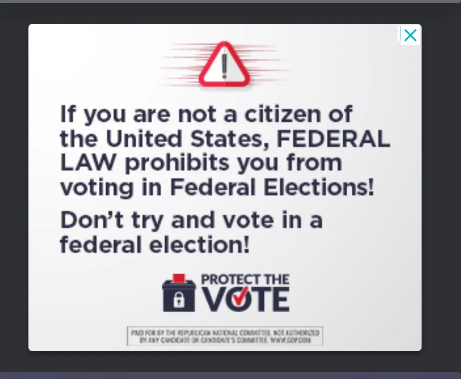 A computer pop-up window with a red warning triangle icon and bold text stating that non-citizens are prohibited by federal…