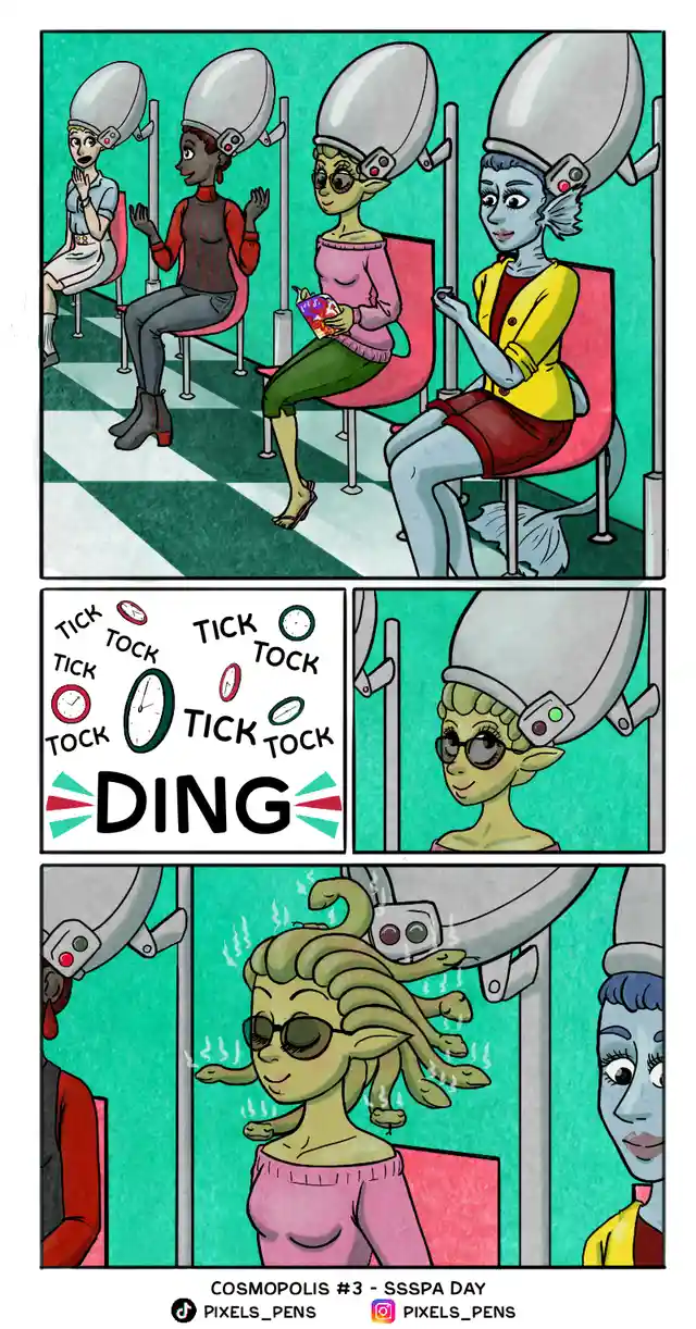 Four diverse fantasy characters sit in a salon with hair dryers on their heads. The middle panel shows a clock-themed…