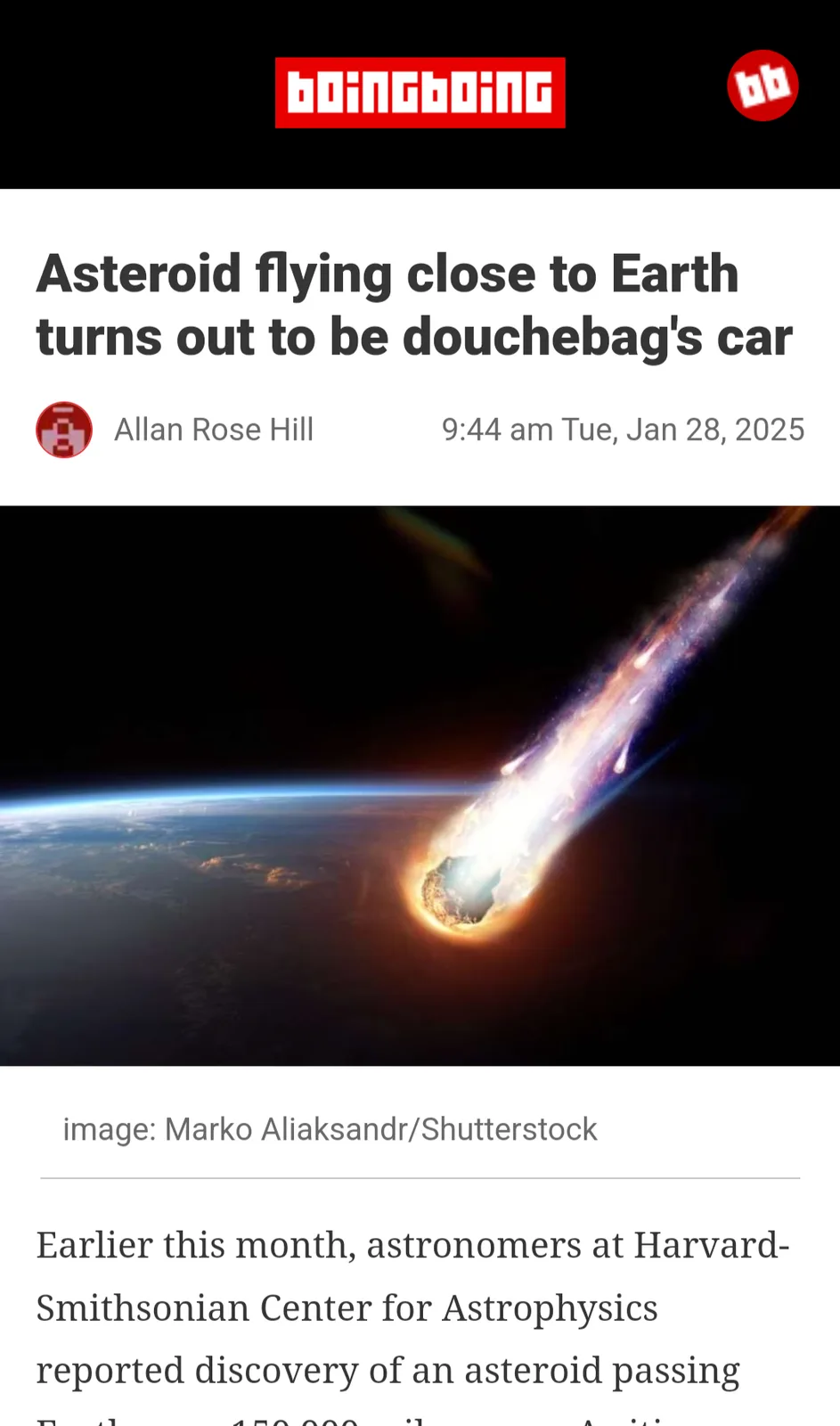 The image shows a dramatic depiction of an asteroid burning up as it enters Earth's atmosphere, with the planet's curvature…