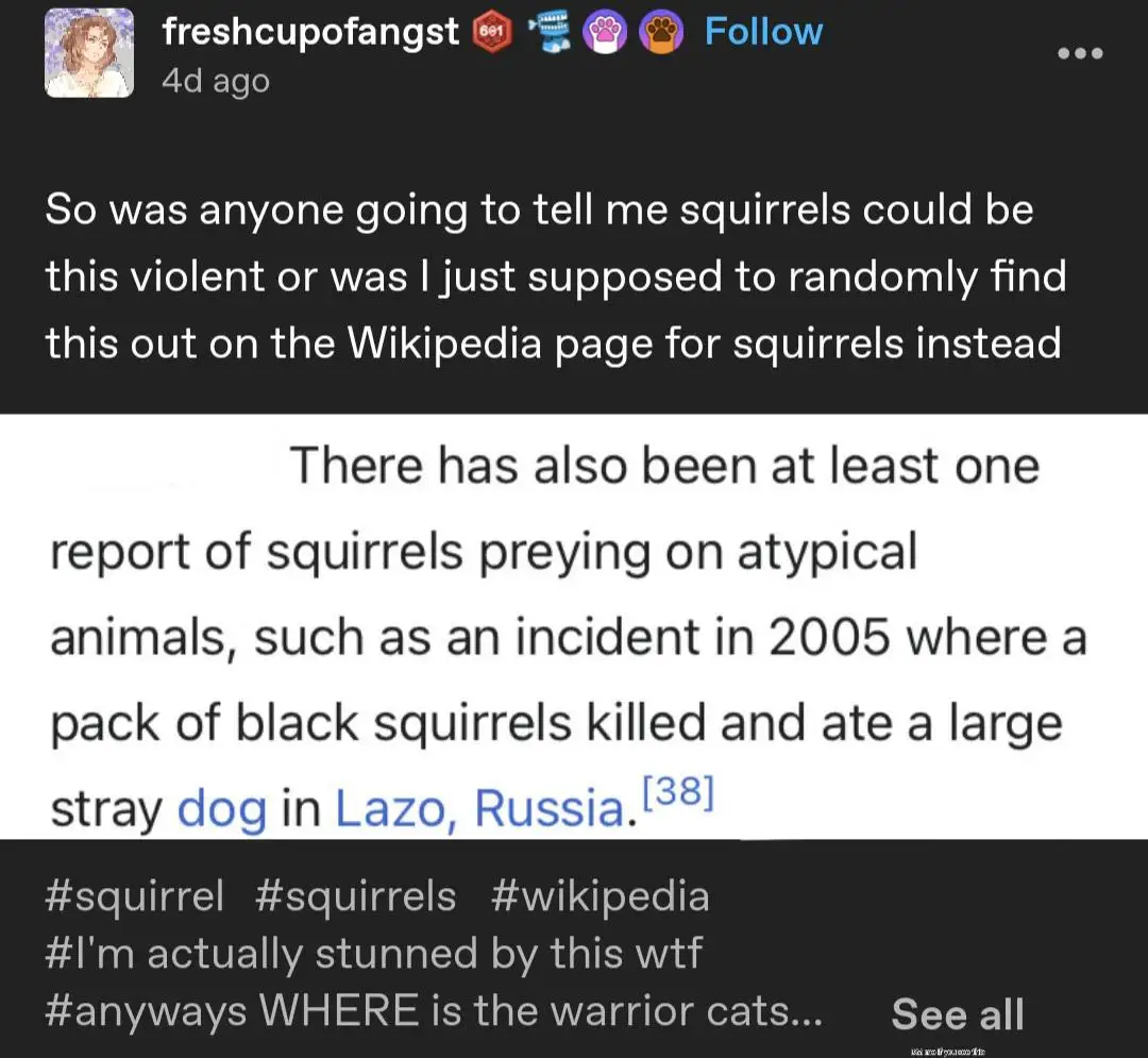 A screenshot of a social media post showing a user's reaction to a Wikipedia entry stating that black squirrels in Lazo…