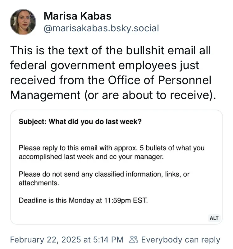 A screenshot of a social media post by Marisa Kabas showing a mock email from the Office of Personnel Management with a…