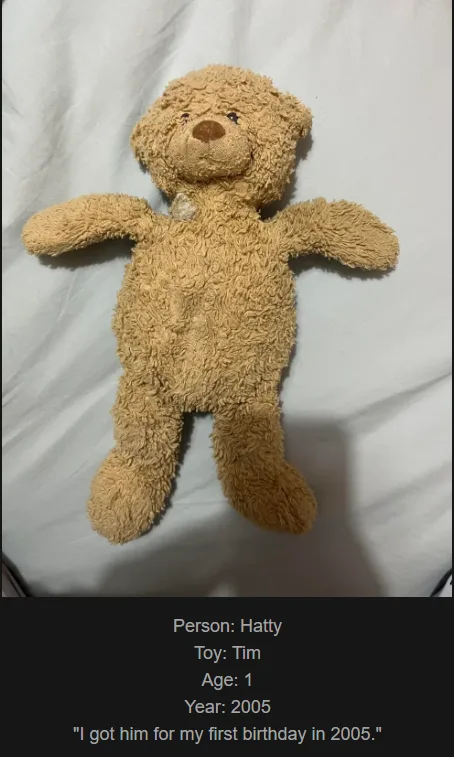 A tan, fluffy teddy bear lies flat on a white sheet, arms and legs spread out. Overlaid text identifies the bear as 'Tim'…