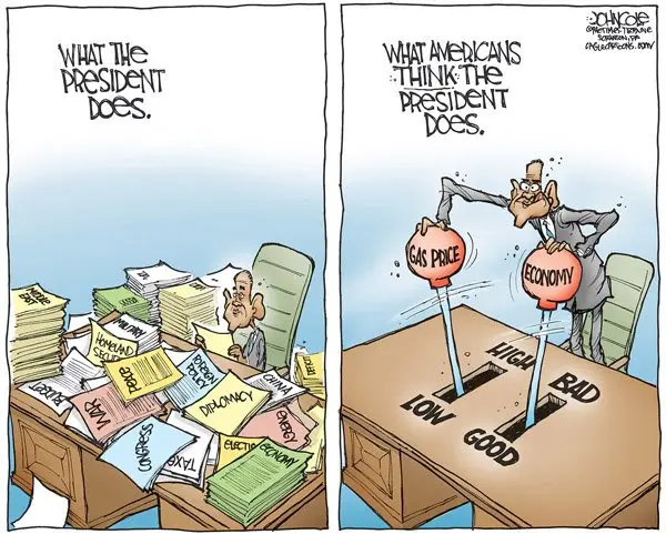Two-panel comic strip by Jon Scieszka. Left panel: A president sits at a desk overwhelmed by stacks of papers labeled…