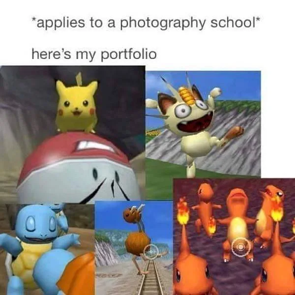 A collage of five low-quality, glitchy, or poorly composed Pokémon game screenshots, including Pikachu on a Poké Ball, a…