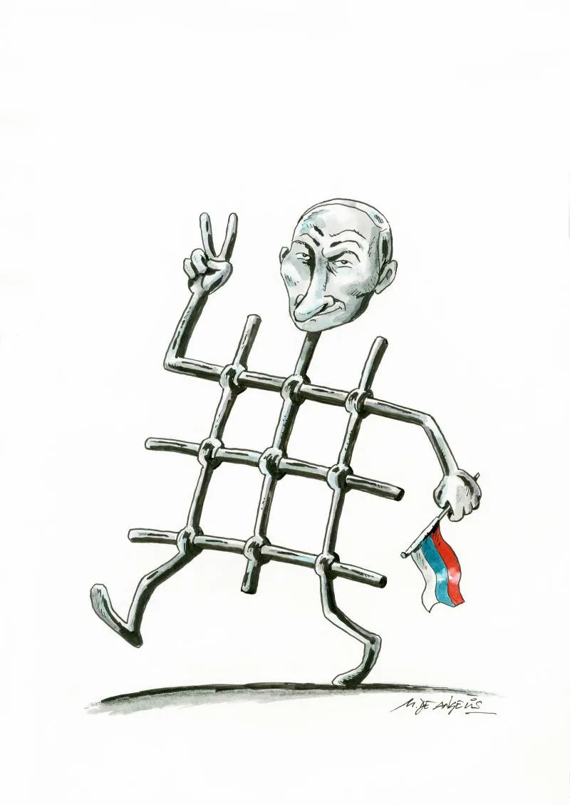 A cartoon drawing of a man with a bald head and a smug expression, whose body is constructed from a metal grid resembling…