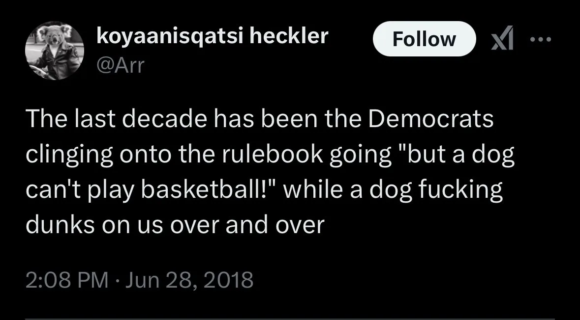 A screenshot of a 2018 X (Twitter) post by user koyaanisqatsi heckler, featuring a black background with white text. The…