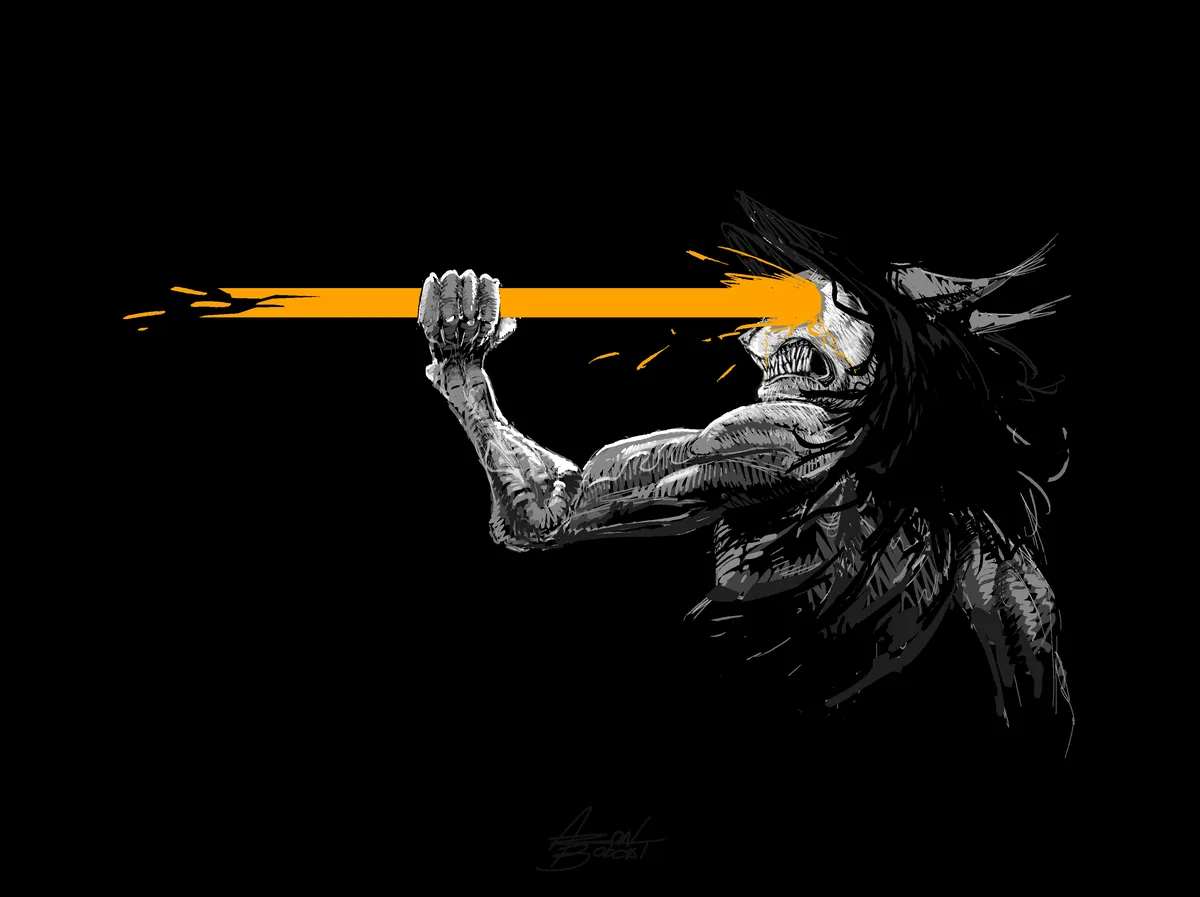 A black-and-white illustration of a muscular, screaming, skeletal figure with long dark hair, straining to hold a bright…