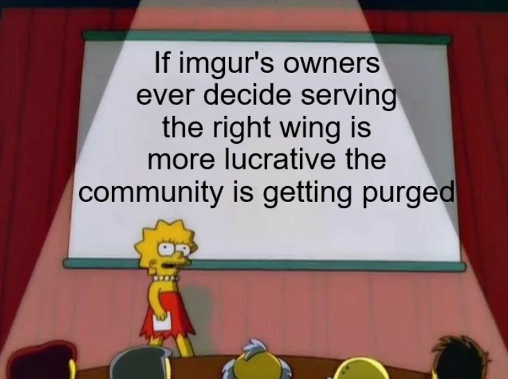 Lisa Simpson stands at a podium in front of a projector screen displaying the text 'If imgur's owners ever decide serving…