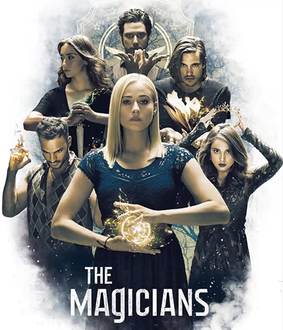 A promotional poster for the TV show 'The Magicians' features six main characters in dark, mystical attire, each performing…
